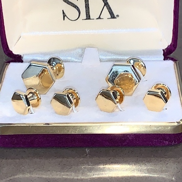 Vtg After Six Gold Tone Hexagon Cuff Link Tuxedo Stud 6 Piece Set - Picture 2 of 5